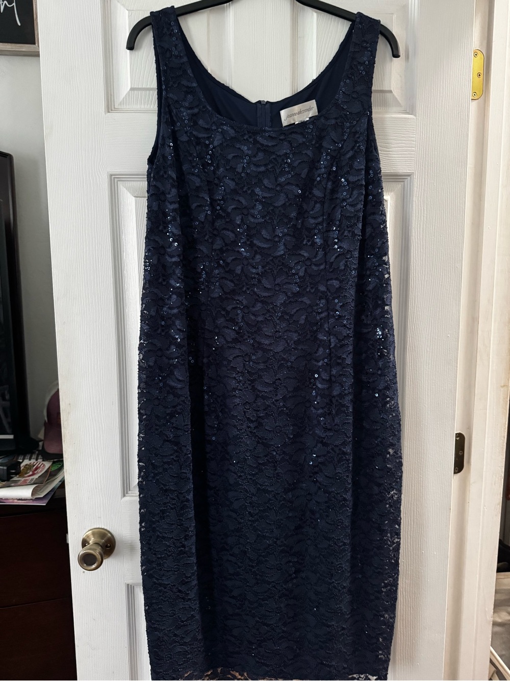 Ann Taylor Navy Lace Sequin Midi Sheath Dress